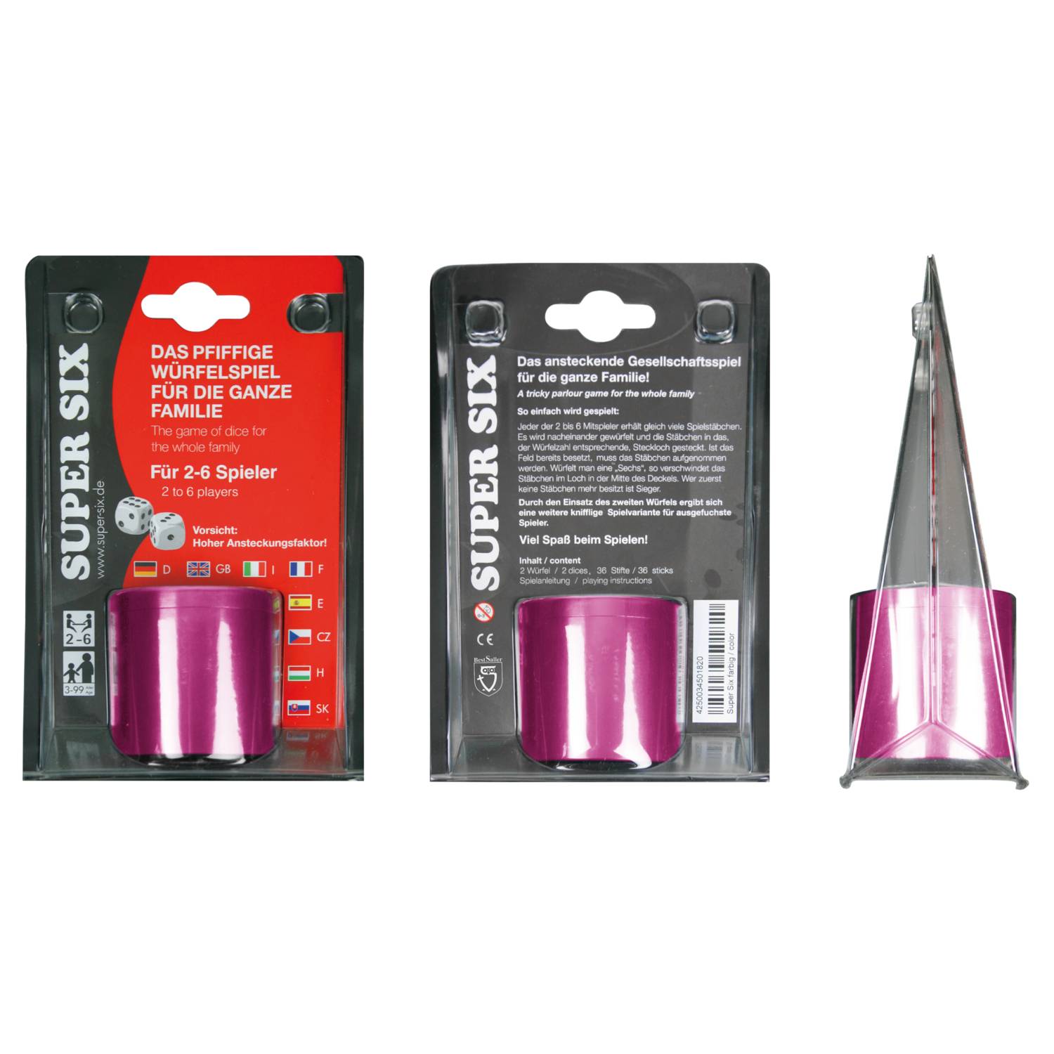 BestSaller 3008 SUPER SIX Würfelspiel Aluminum, 36 Spielstäbchen & 2 Würfel, pink