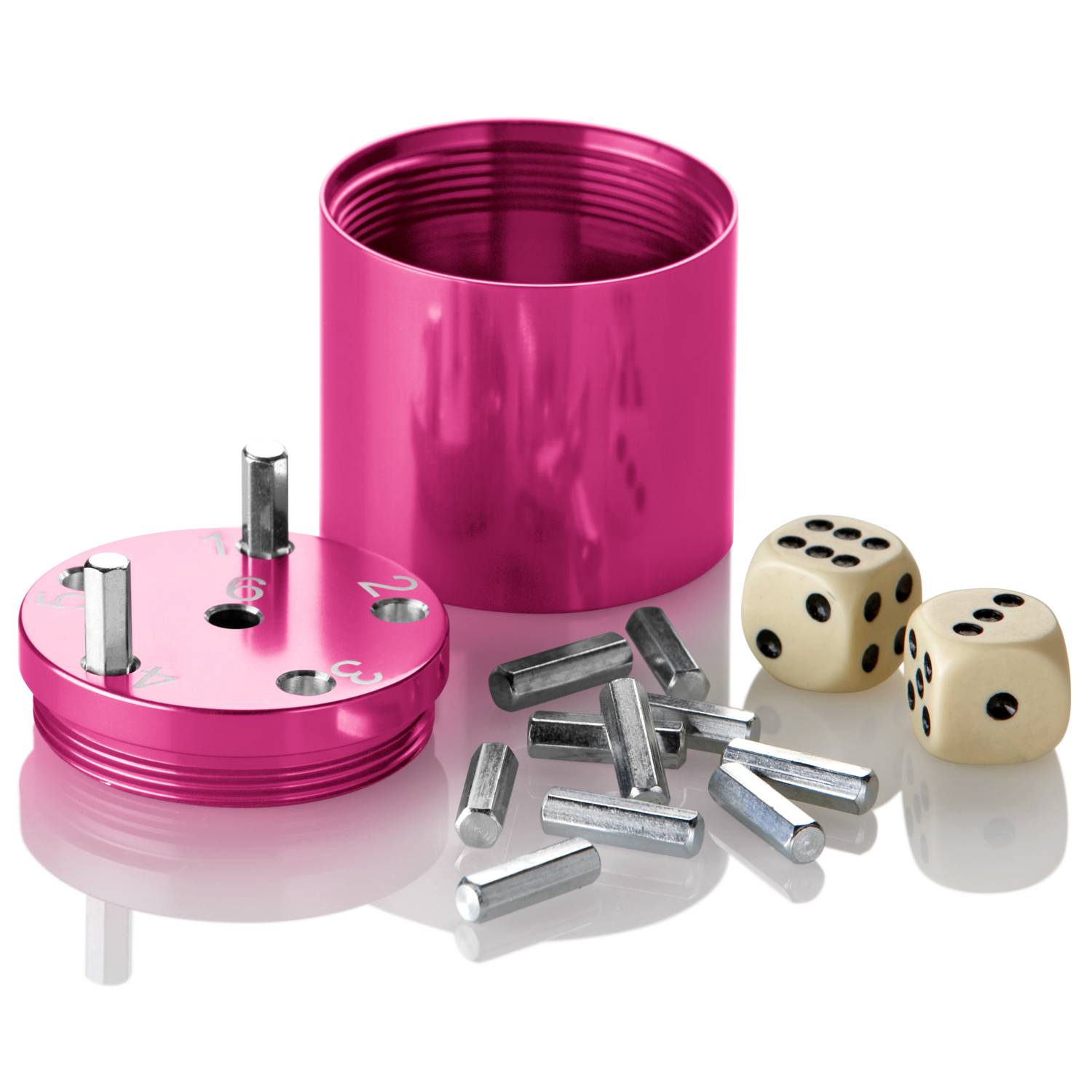 BestSaller 3008 SUPER SIX Würfelspiel Aluminum, 36 Spielstäbchen & 2 Würfel, pink