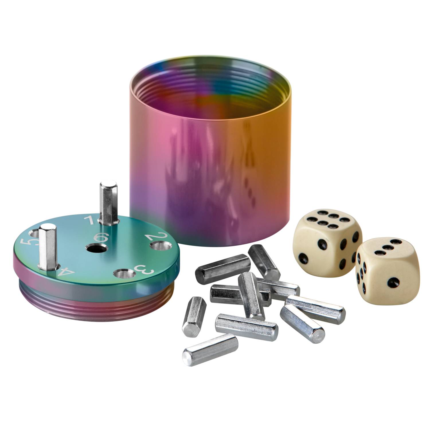 BestSaller 3009 SUPER SIX Reise-Würfelspiel Aluminum, 36 Spielstäbchen & 2 Würfel, Rainbow Splash, mehrfarbig