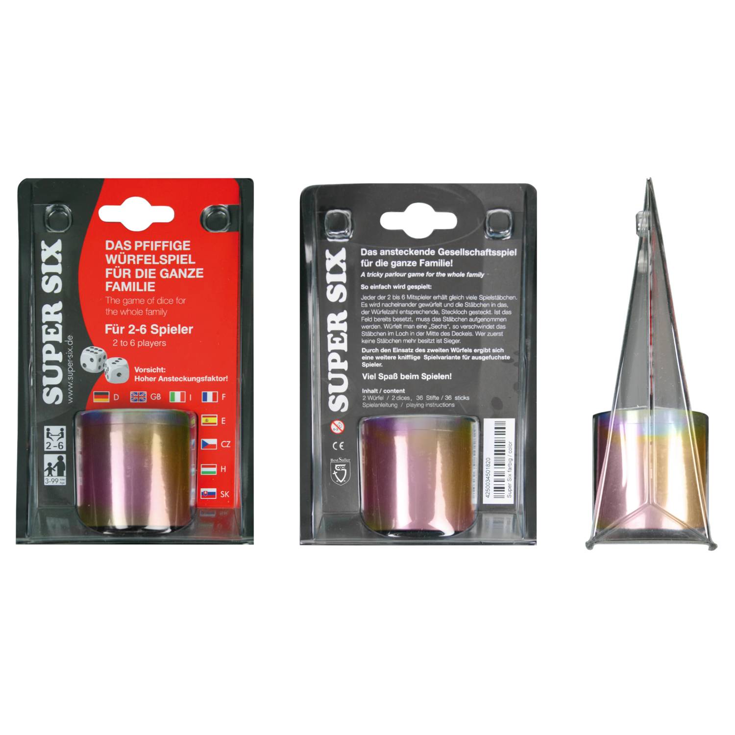 BestSaller 3009 SUPER SIX Reise-Würfelspiel Aluminum, 36 Spielstäbchen & 2 Würfel, Rainbow Splash, mehrfarbig