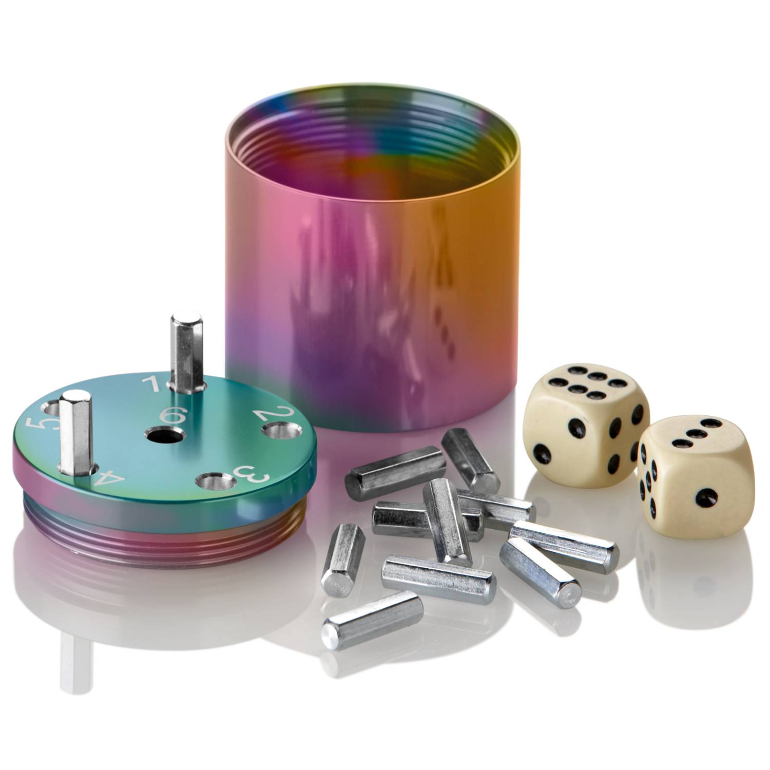 BestSaller 3009 SUPER SIX Reise-Würfelspiel Aluminum, 36 Spielstäbchen & 2 Würfel, Rainbow Splash, mehrfarbig