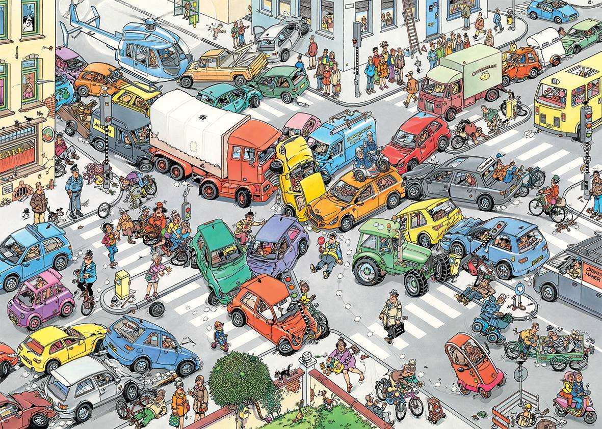 Jan van Haasteren Verkehrschaos + Zu Lande, im Wasser, In der Luft