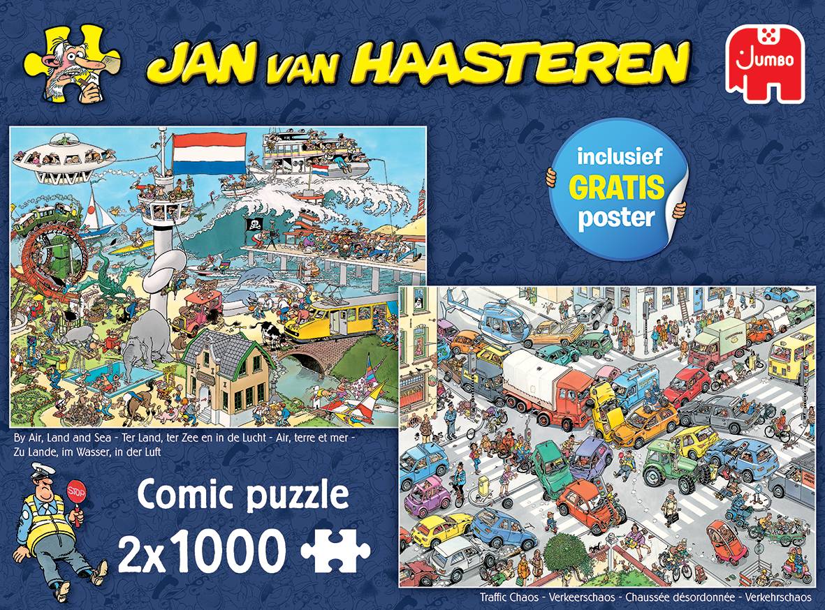Jumbo Spiele 20073 Jan van Haasteren Verkehrschaos + Zu Lande, im Wasser, In der Luft 2x1000 Teile Puzzle