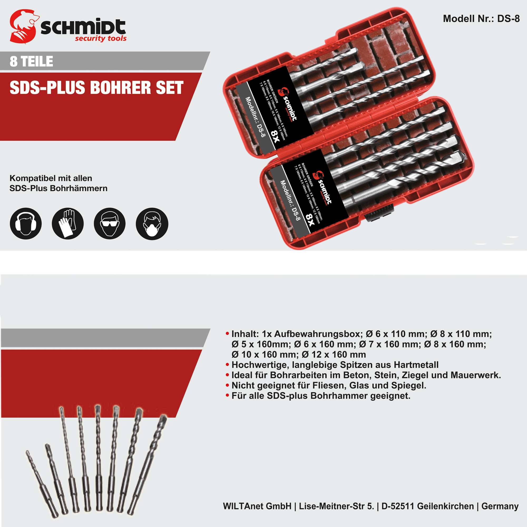 SCHMIDT security tools SDS-Plus Bohrer-Set - 8-teilig – Bohrerbox - Beton, Stein, Ziegel - SDS-plus Bohrhammer - Bohrersatz - Schlagbohrmaschine