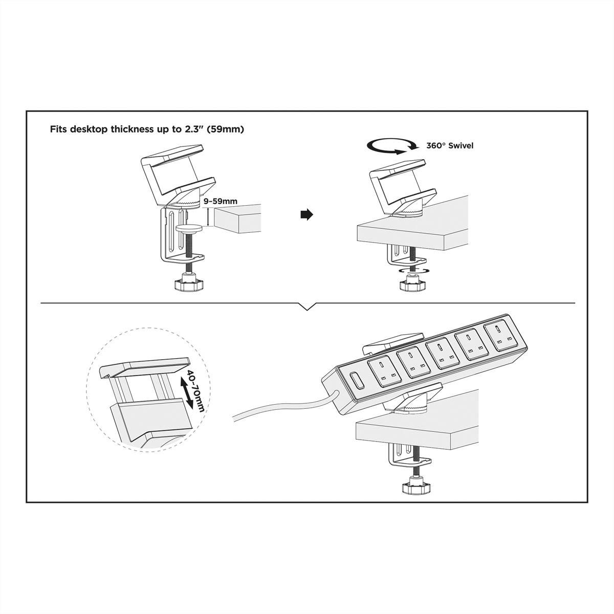 VALUE Tischklemme für Steckdosenleiste, drehbar 360°, weiß