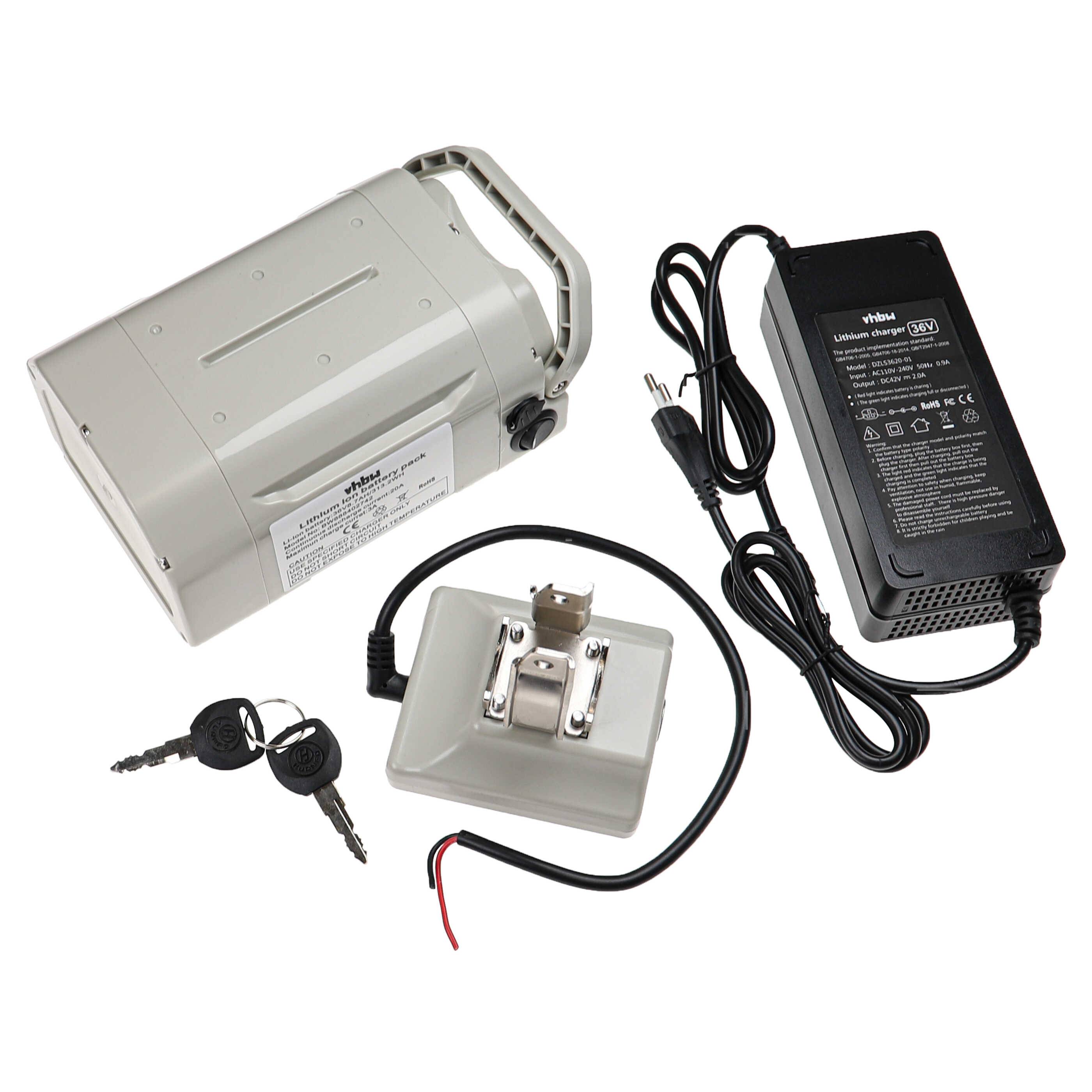 Ein tragbares Batteriepaket mit Adapter und Ladegerät, Schlüsseln und einer Montierplatte. Geeignet zum Betrieb tragbarer elektronischer Geräte.