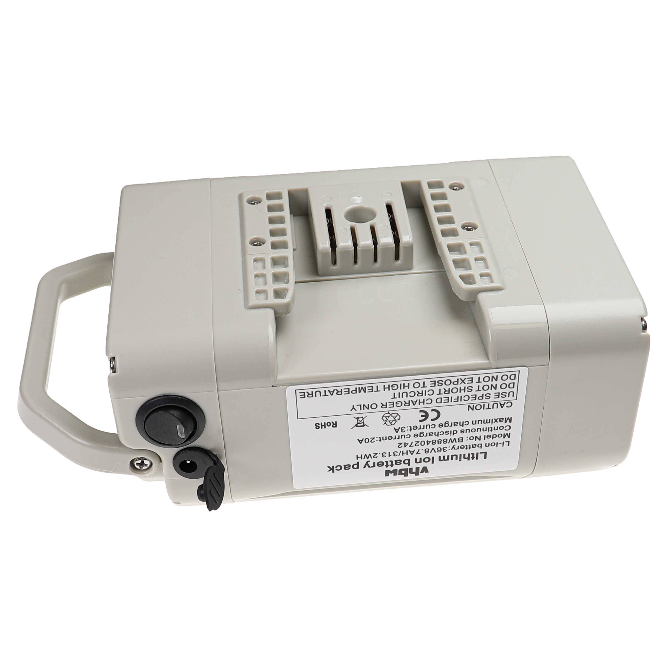 Ein tragbares Lithium-Ionen-Batteriepaket mit Griff und Warnschild. Entwickelt zur Verwendung in medizinischen oder industriellen Geräten.