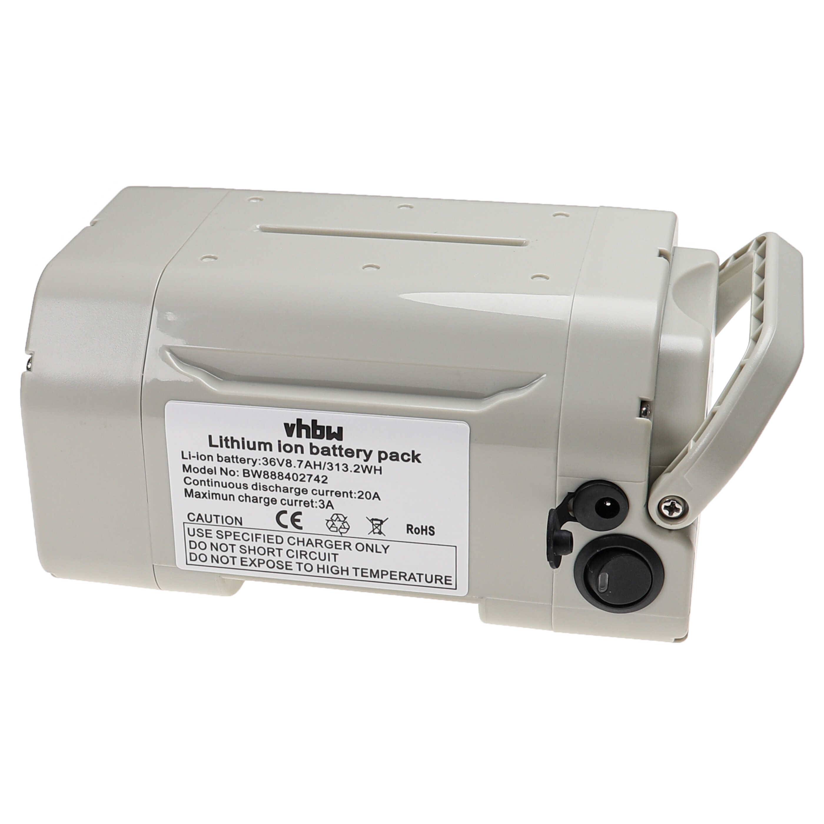 Ein grauer Lithium-Ionen-Akku mit Griff, auf der Seite mit dem Etikett „vhbw