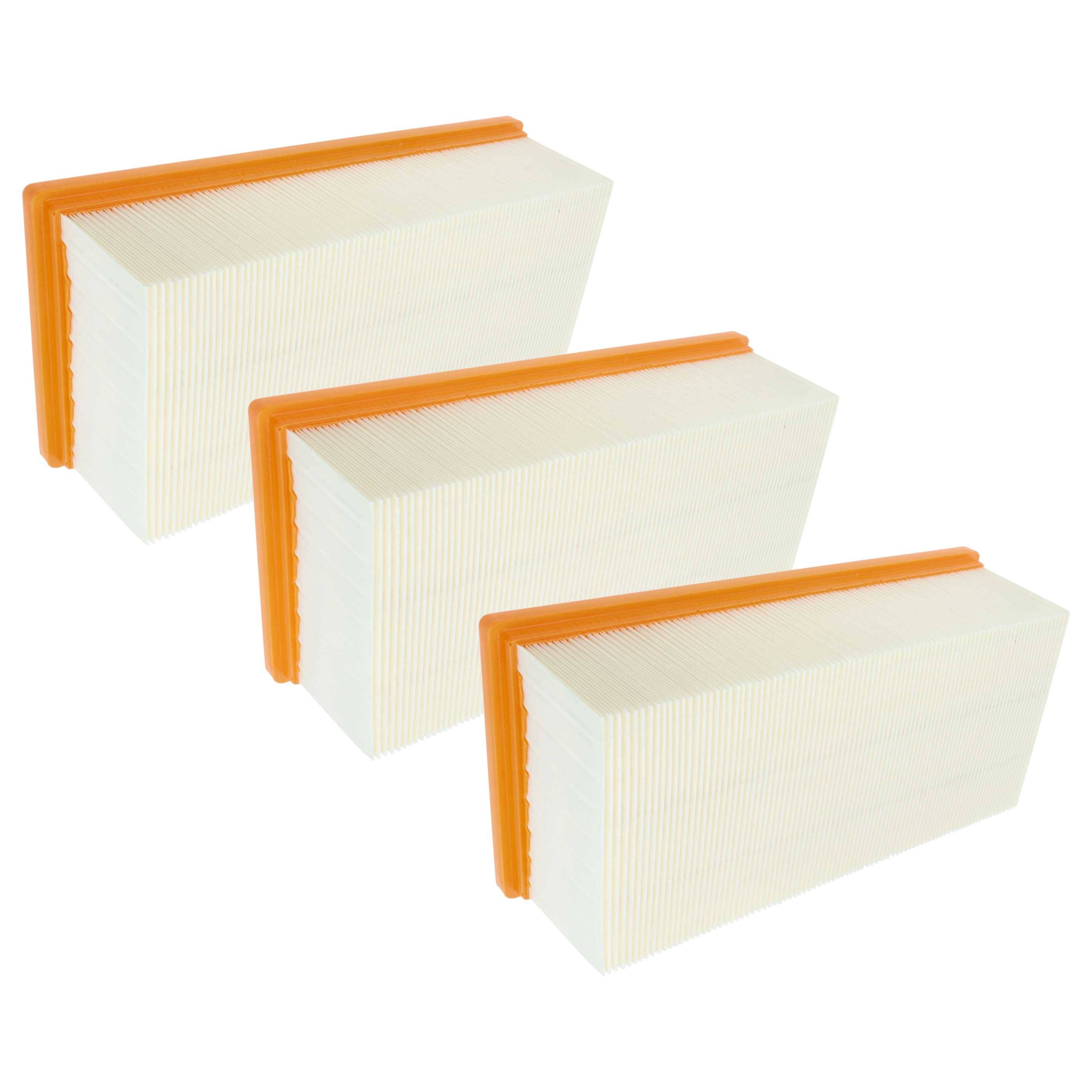 Drei identische rechteckige Luftfilter mit orangefarbenen Kanten sind nebeneinander aufgereiht.