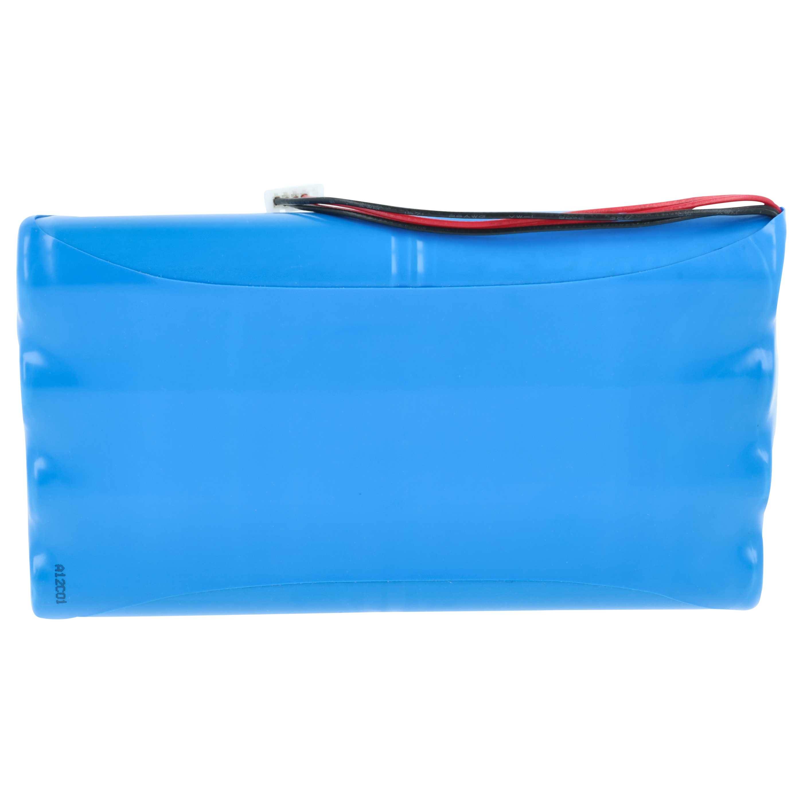 Ein blauer Lithium-Ionen-Akkupack mit roten und schwarzen Kabeln, die von der Oberseite herausragen.