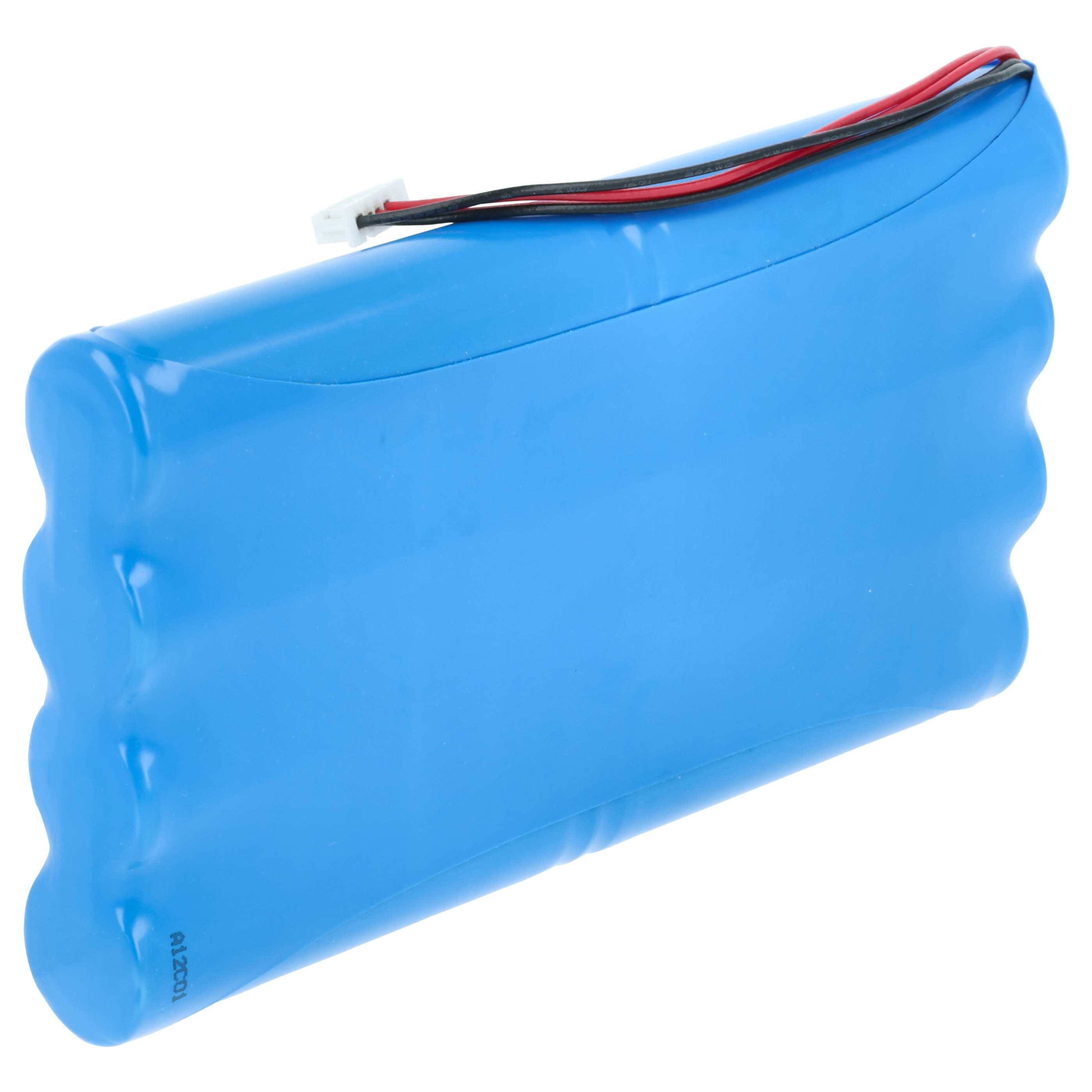 Ein blauer Akkupack mit schwarzen und roten Kabeln, die an der Oberseite herausragen, verwendet zum Stromversorgung von elektronischen Geräten.