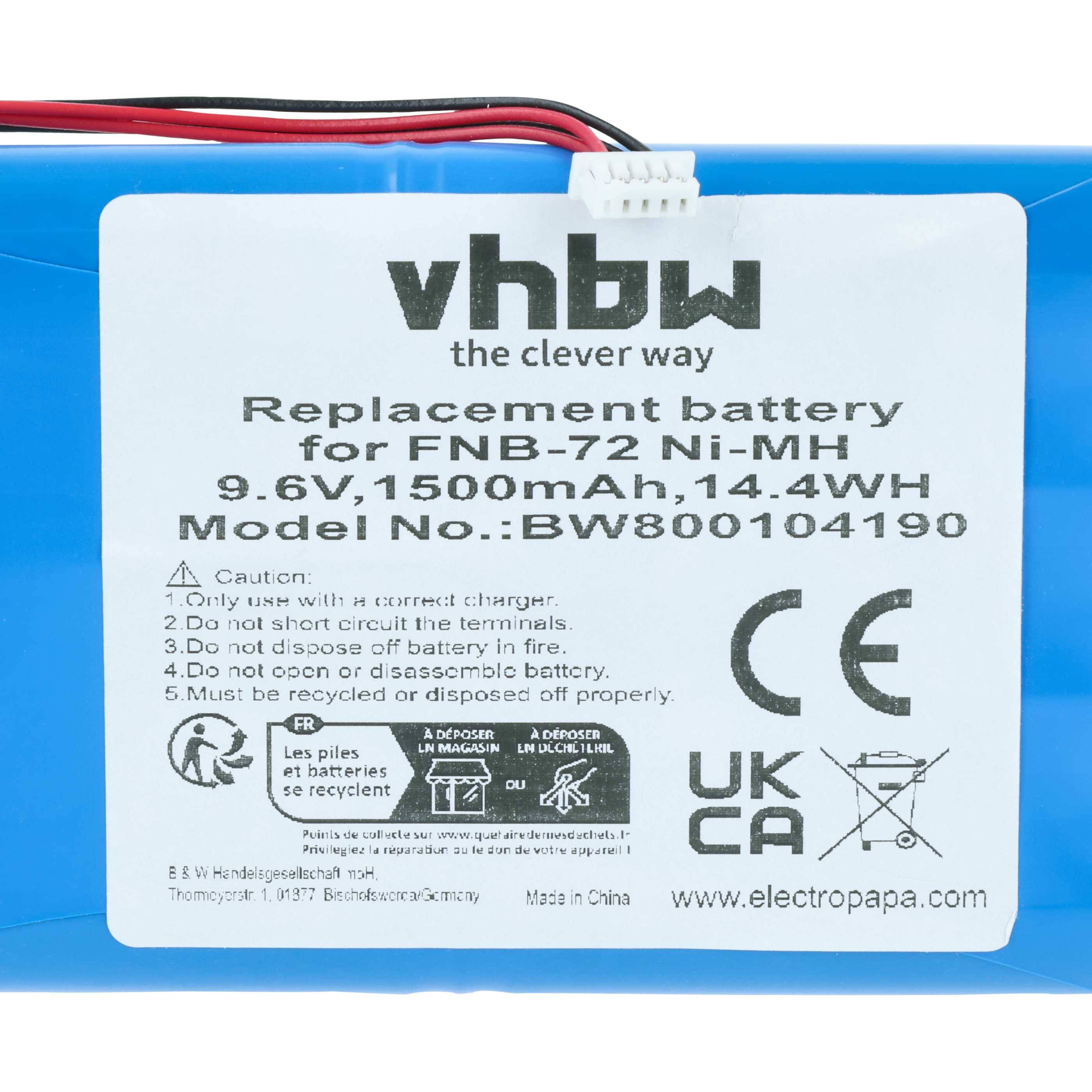 VHBW Ersatzakku für FNB-72 Ni-MH, 9,6V, 1500mAh, Modell BW800104190. Inklusive Warnhinweis- und Zertifizierungssymbole.