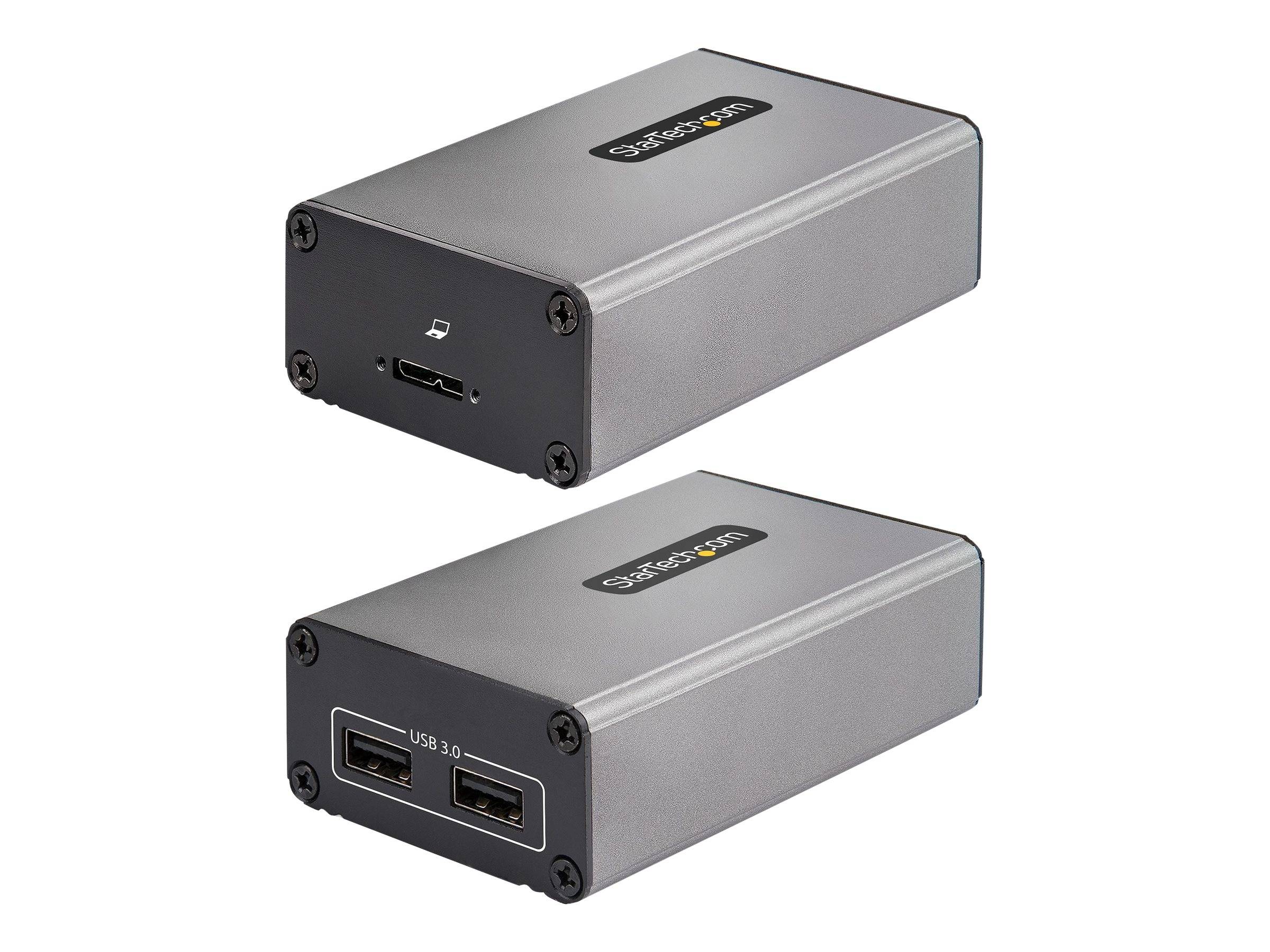 Zwei Ansichten eines kompakten silbernen und schwarzen USB-3.0-Gerätegehäuses mit Seitenports, dargestellt aus angewinklter Vorder- und Draufsicht.
