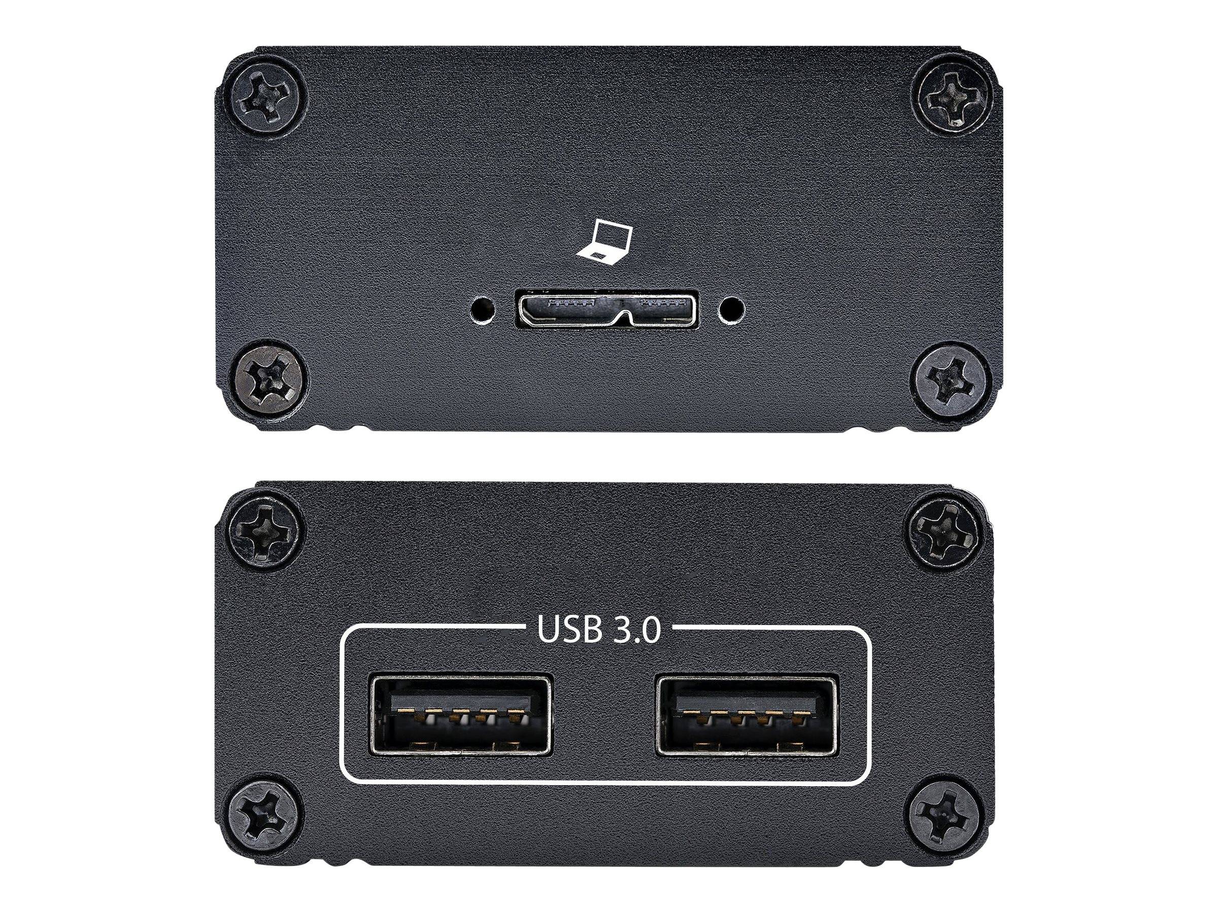Schwarzes rechteckiges elektronisches Gerät mit Micro-USB-Stromeingang oben und unterer Blende mit der Beschriftung „USB 3.0