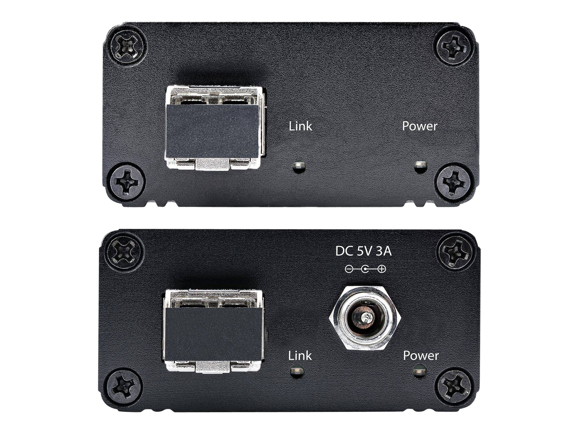 Zwei Ansichten einer Frontplatte eines kleinen schwarzen Geräts mit einem Ethernet-Anschluss, Link- und Power-LEDs und auf der unteren Ansicht einer DC 5V 3A Stromversorgungsbuchse.