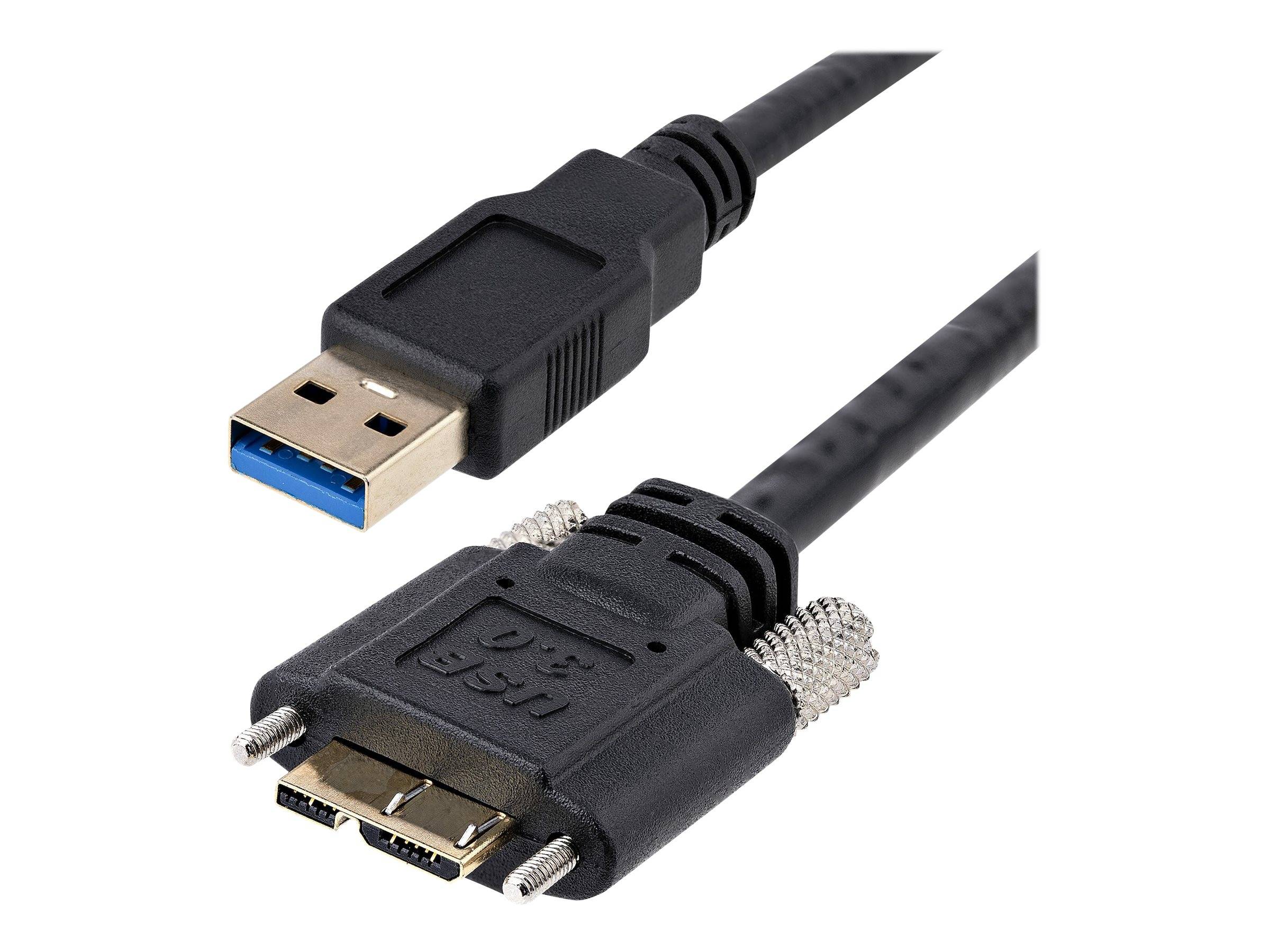 USB 3.0-Kabel mit einem Standard-Typ-A-Anschluss und einem blauen Micro-B-Anschluss auf weißem Hintergrund gezeigt.