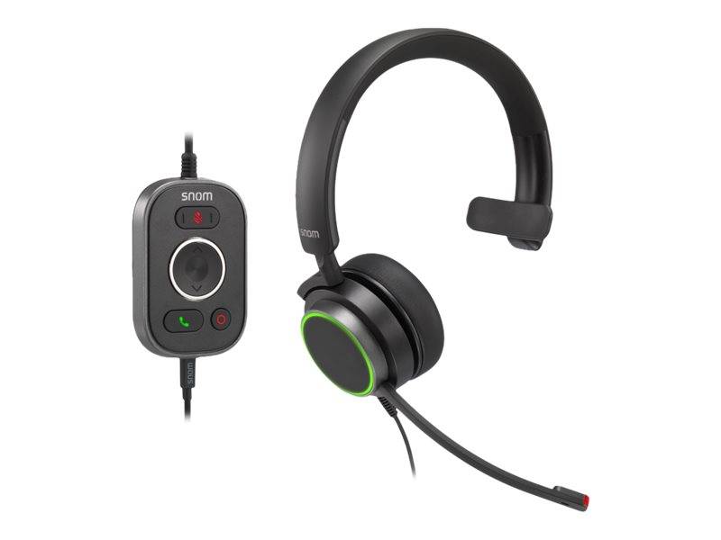 Kabelloses Office-Headset mit Mikrofon und Inline-Steuermodul mit Anrufannahme-/Beendigungstasten.
