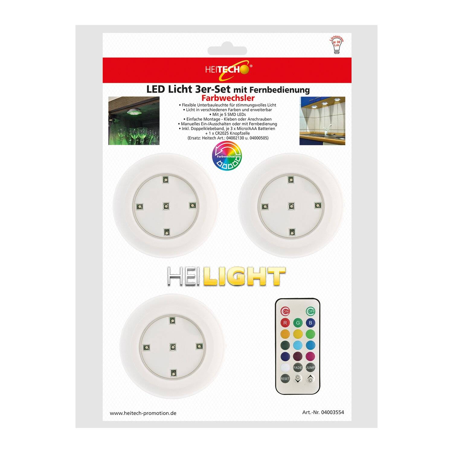 HEITECH LED Lichter mit RGB 3er Pack - Wandleuchte batteriebetrieben mit Fernbedienung für Innenbereich