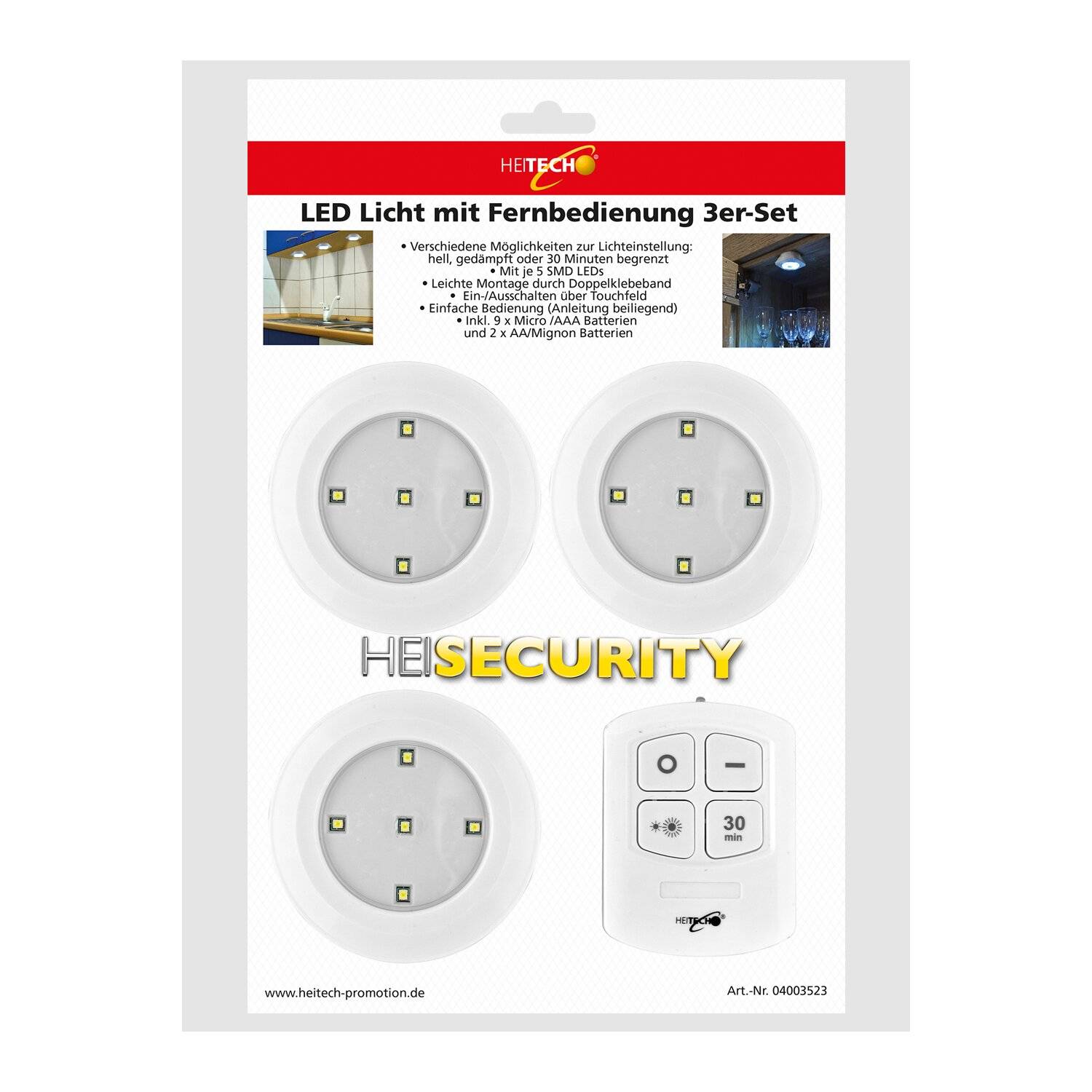 HEITECH LED Lichter mit Fernbedienung 3er Pack - Wandleuchte batteriebetrieben & dimmbar mit Timer für Innenbereich