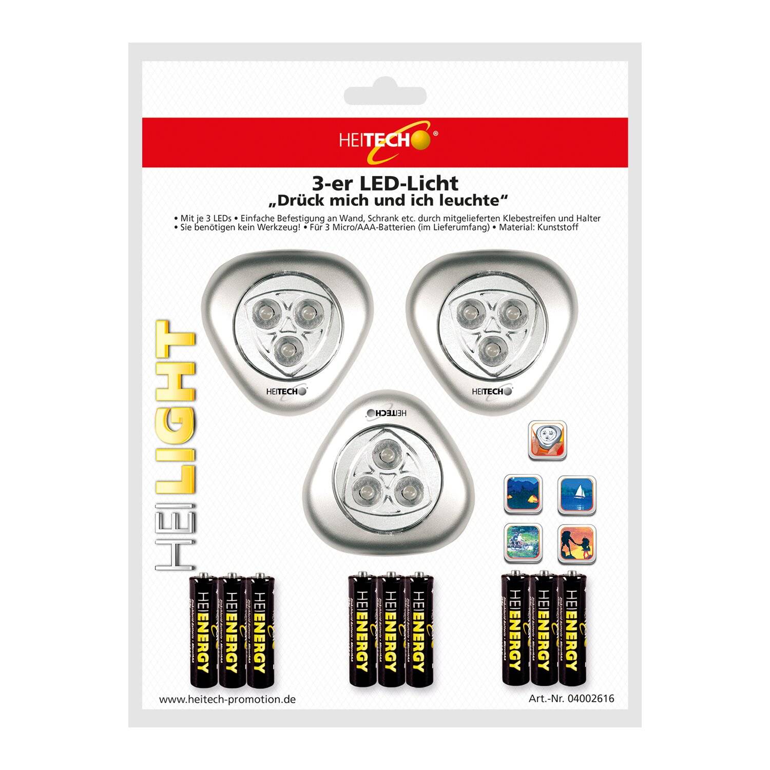 HEITECH LED Lichter 3er Pack für Innenbereich - batteriebetriebene Wandleuchte mit je 3 LEDs inkl. Batterien