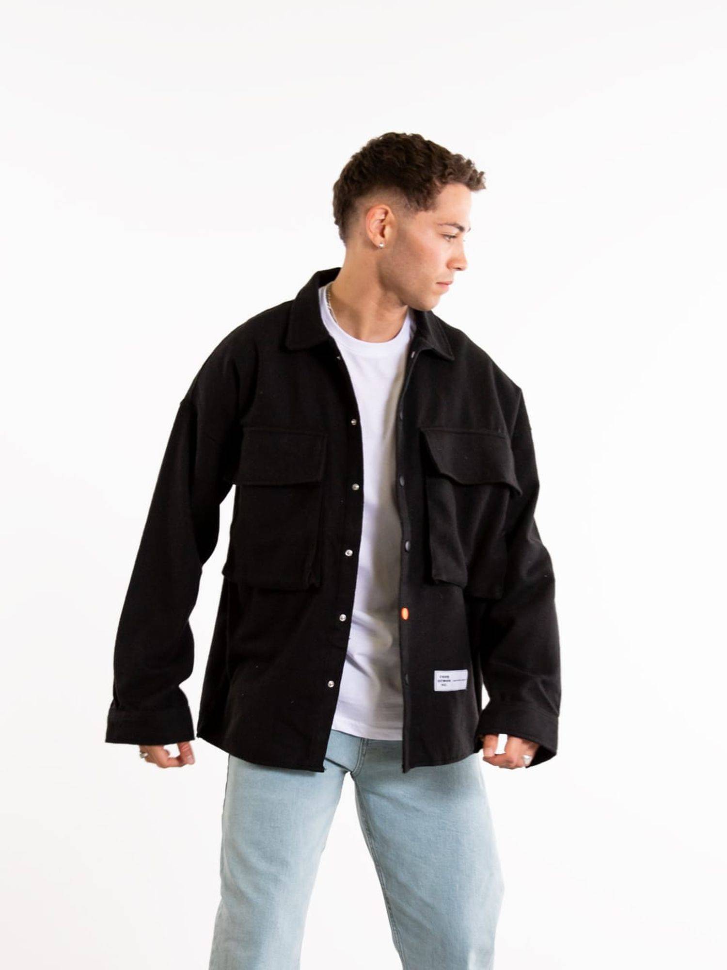 Hemdjacke Oversize Herren Kleidung Hemd Freizeit-Jacke Unisex Überhemd Overshirt M Schwarz