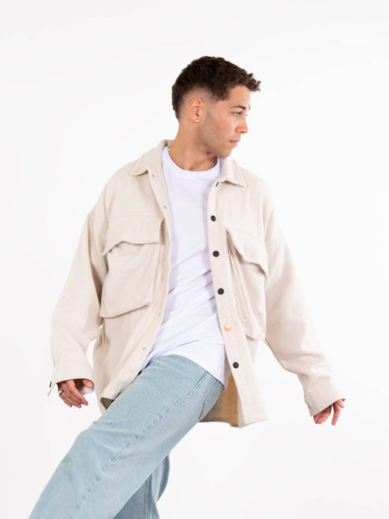 Hemdjacke Oversize Herren Kleidung Hemd Freizeit-Jacke Unisex Überhemd Overshirt L Weiß