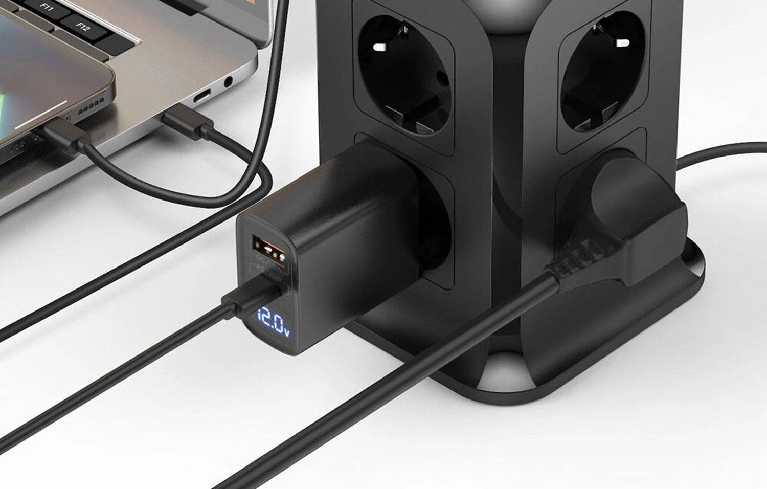 Blitzwolf BW-PC3 Power Charger mit 8 AC Steckdosenplätzen, 2x USB, 2x USB-C Ladeturm Schwarz