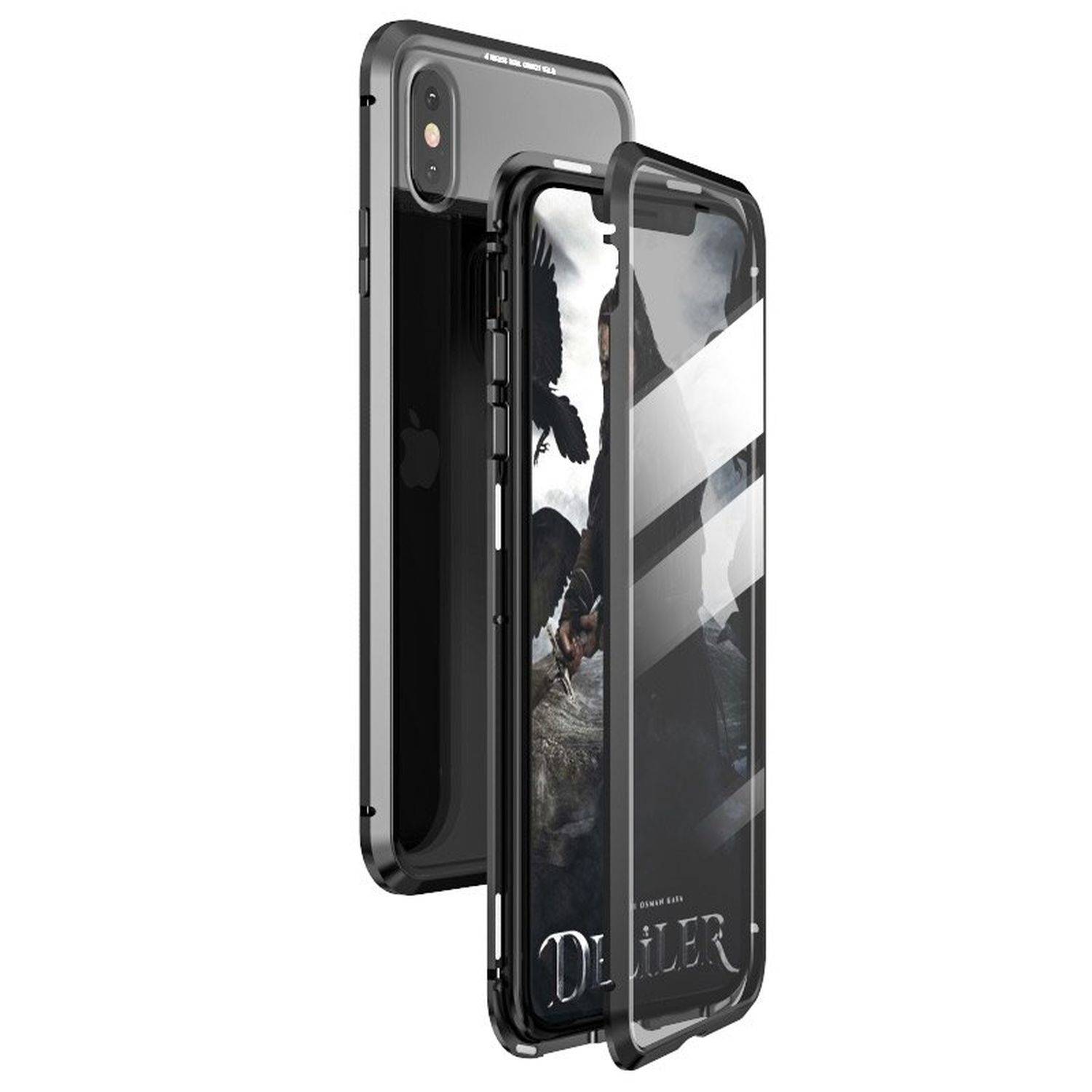 360° Magnet Full Slim Metall Case Schutz Tasche Handyhülle mit Schutzglas Vorderseite und Rückseite Schwarz iPhone 14