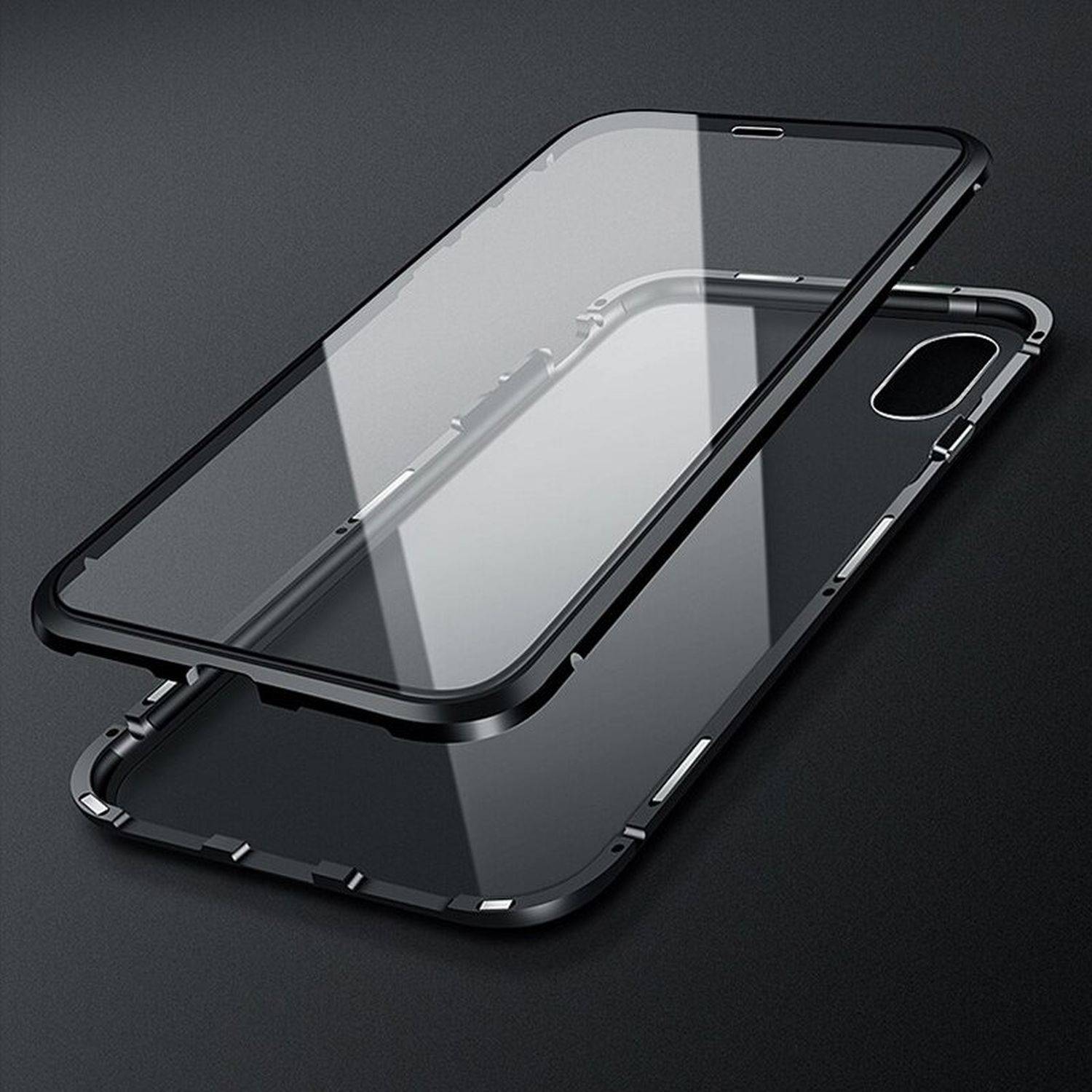360° Magnet Full Slim Metall Case Schutz Tasche Handyhülle mit Schutzglas Vorderseite und Rückseite Schwarz iPhone 14