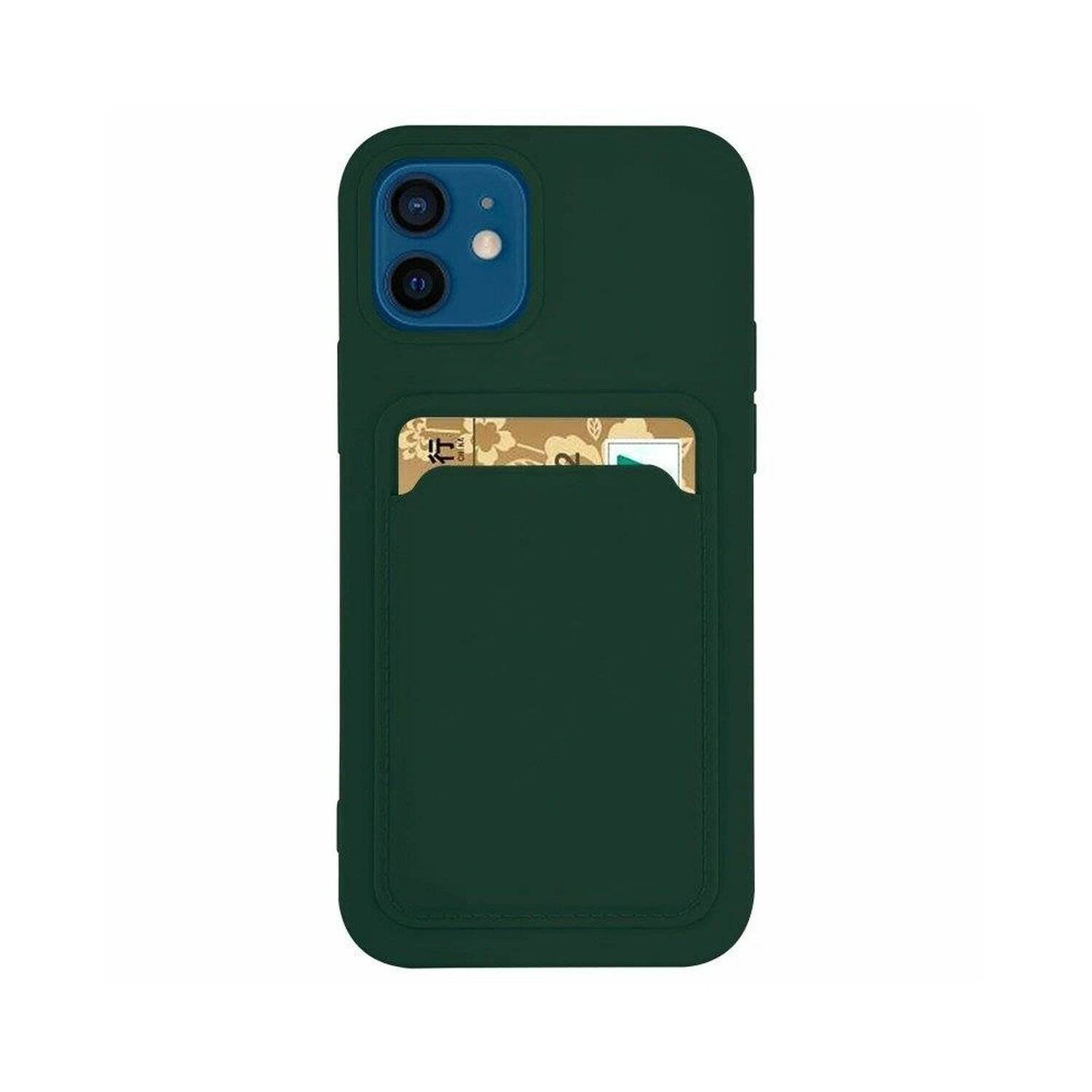 Card Case Silikon Portemonnaie Handyhülle mit Kartenfach Cover Bumper kompatibel mit iPhone 14 Plus Dunkelgrün