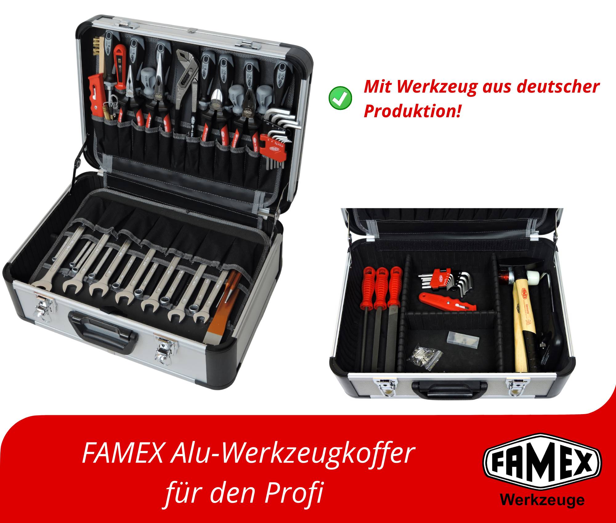 FAMEX 420-88 Alu Werkzeugkoffer PROFESSIONAL bestückt mit Werkzeug Set - Werkzeuge aus CV-Stahl, Top-Qualität