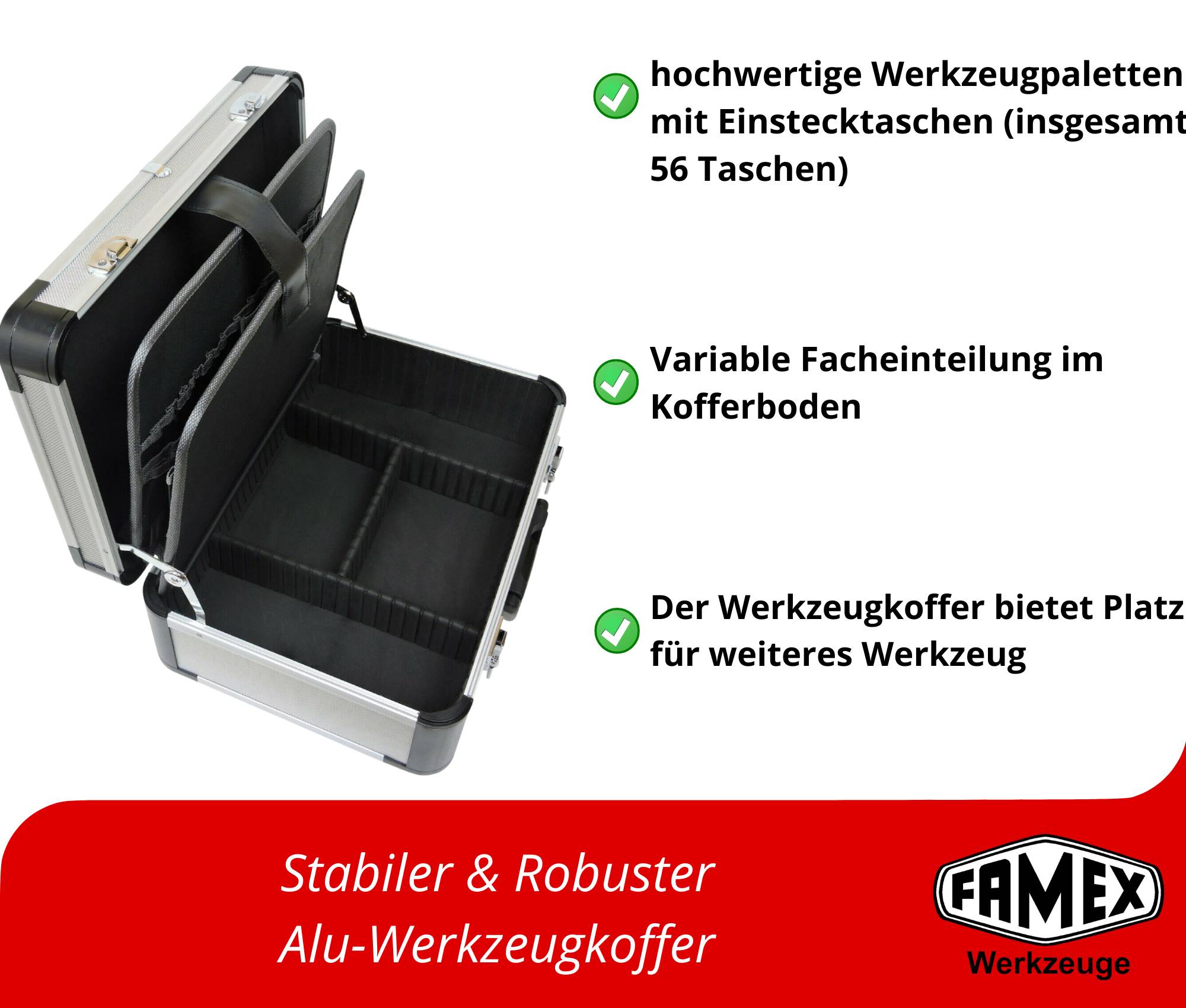 FAMEX 420-88 Alu Werkzeugkoffer PROFESSIONAL bestückt mit Werkzeug Set - Werkzeuge aus CV-Stahl, Top-Qualität