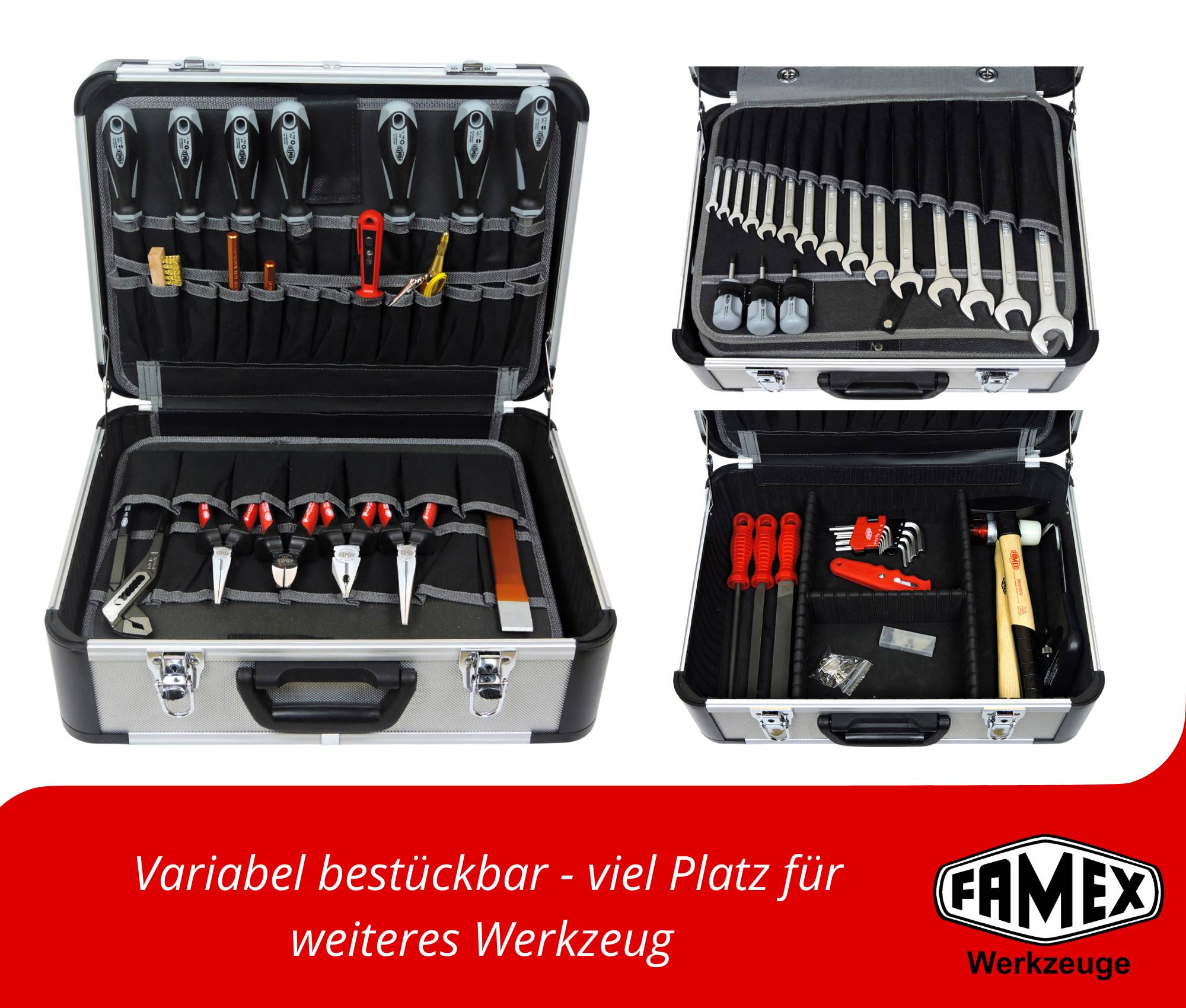 FAMEX 420-88 Alu Werkzeugkoffer PROFESSIONAL bestückt mit Werkzeug Set - Werkzeuge aus CV-Stahl, Top-Qualität