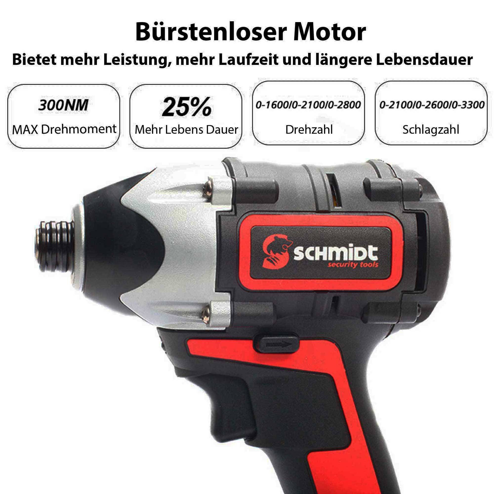 SCHMIDT security tools Akku Schlagschrauber - Akkudrehschlagschrauber - 4Ah - LED-Arbeitslicht - Bürstenlos - Ladegerät & Transportkoffer - Akkuschr