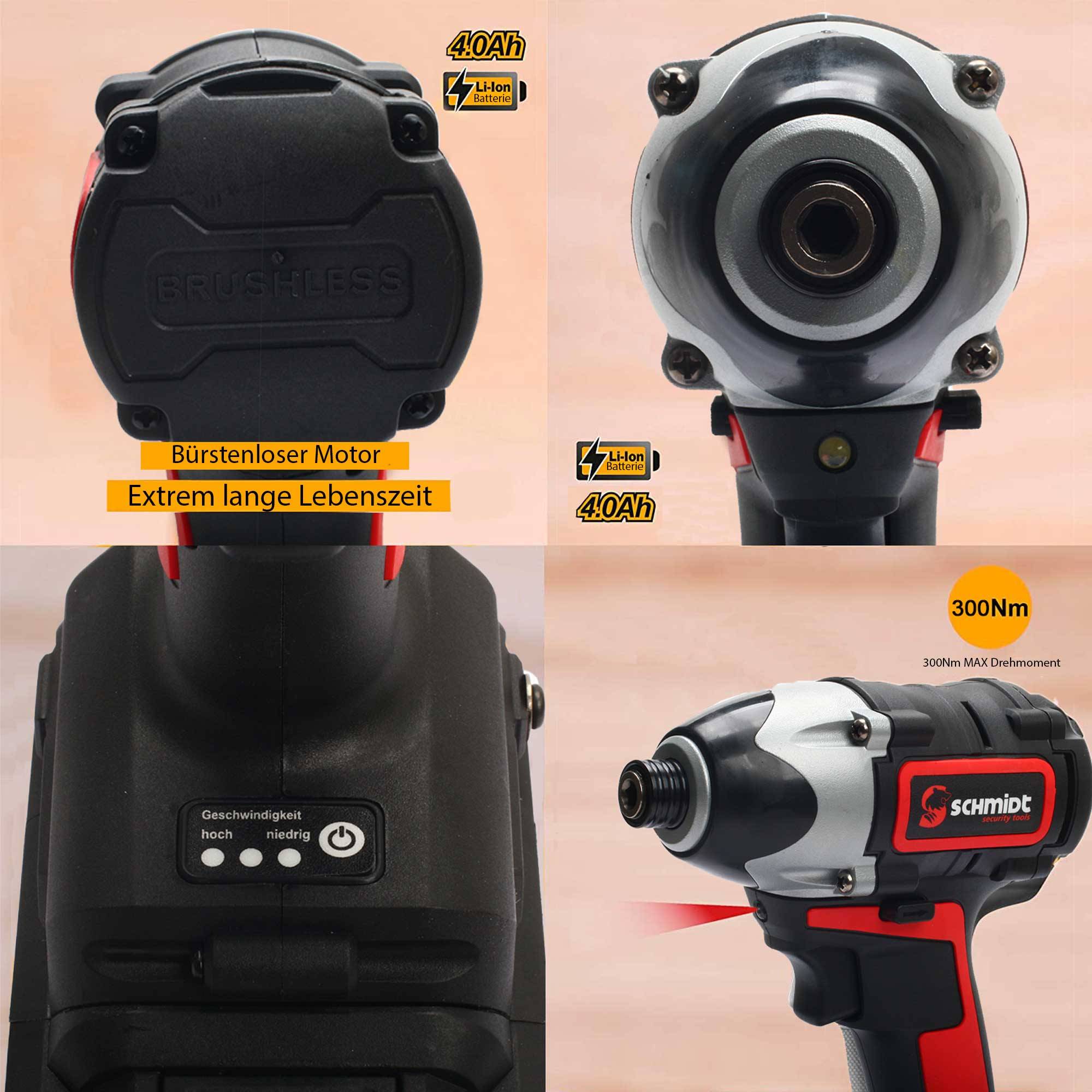 SCHMIDT security tools Akku Schlagschrauber - Akkudrehschlagschrauber - 4Ah - LED-Arbeitslicht - Bürstenlos - Ladegerät & Transportkoffer - Akkuschr