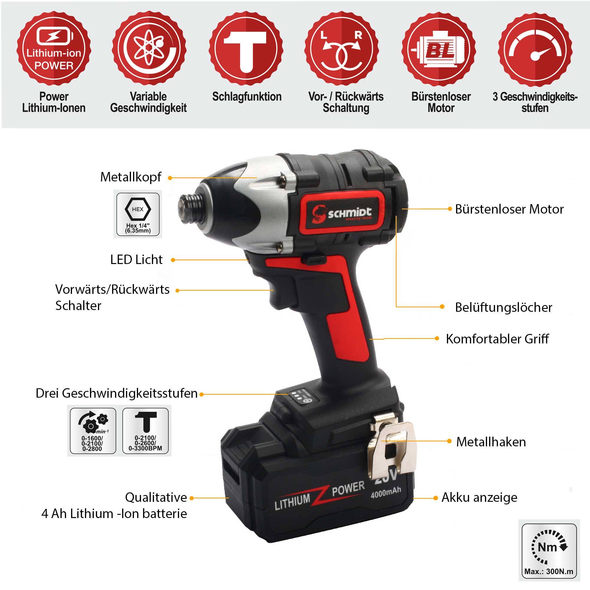 SCHMIDT security tools Akku Schlagschrauber - Akkudrehschlagschrauber - 4Ah - LED-Arbeitslicht - Bürstenlos - Ladegerät & Transportkoffer - Akkuschr