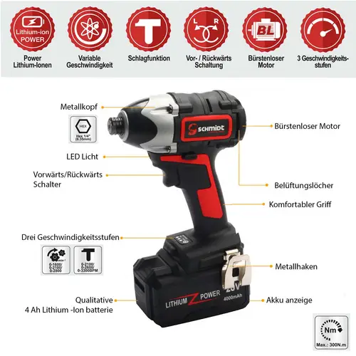 SCHMIDT security tools Akku-Schlagschrauber ID-180 LED - 300Nm 3-Gang 1/4' HEX, Bürstenloser Motor, Inkl. 20V 4Ah Akku & Ladegerät, Kompakt mit LED- SCHMIDT security tools Akku-Schlagschrauber ID-180 LED - 300Nm 3-Gang 1/4' HEX, Bürstenloser Motor, Inkl. 20V 4Ah Akku & Ladegerät, Kompakt mit LED-