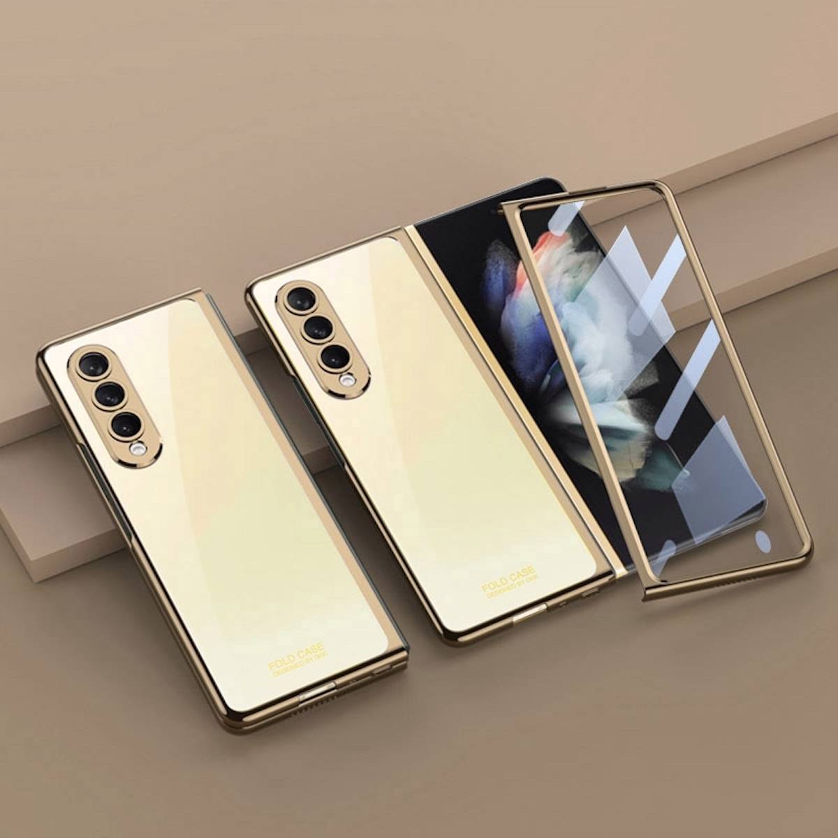 Für Samsung Galaxy Z Fold4 5G Kunststoff / Glas 360 Grad Schutz Handy Tasche Hülle Etuis Gold