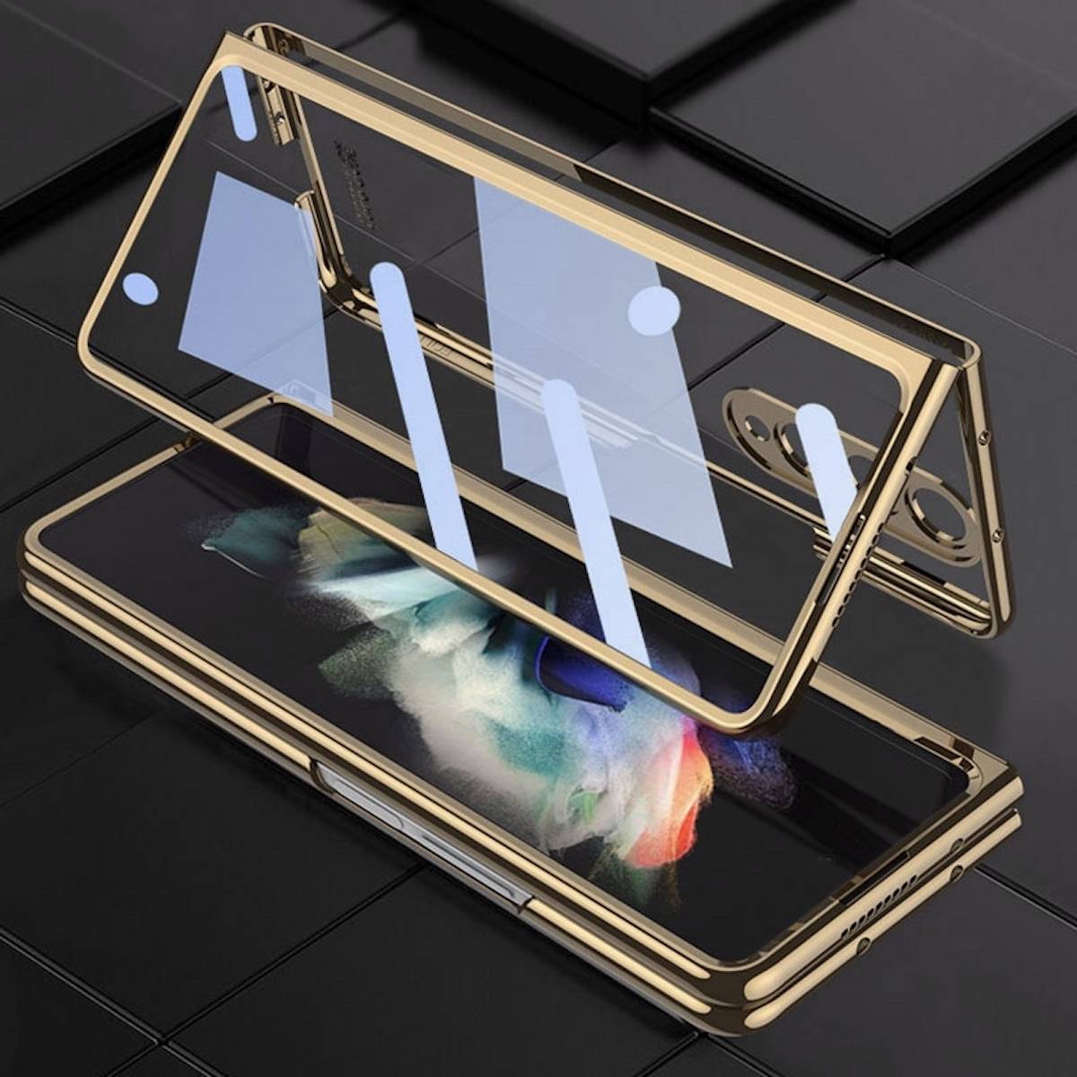 Für Samsung Galaxy Z Fold4 5G Kunststoff / Glas 360 Grad Schutz Handy Tasche Hülle Etuis Gold