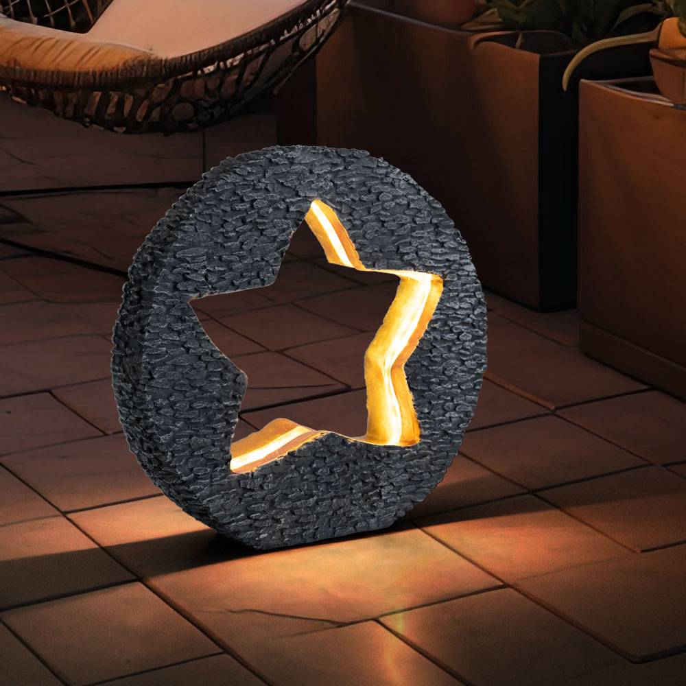 Solarleuchte Gartendeko für Außen Tischdeko Solarleuchte goldfarben Stein-Stern Optik, grau rund, LED warmweiß, LxH 31x29,5 cm, 2er Set