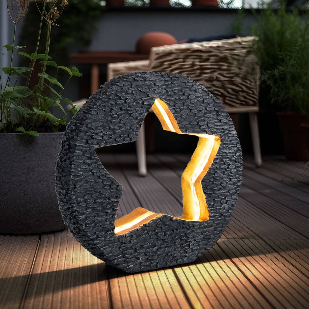 Solarleuchte Gartendeko für Außen Tischdeko Solarleuchte goldfarben Stein-Stern Optik, grau rund, LED warmweiß, LxH 31x29,5 cm