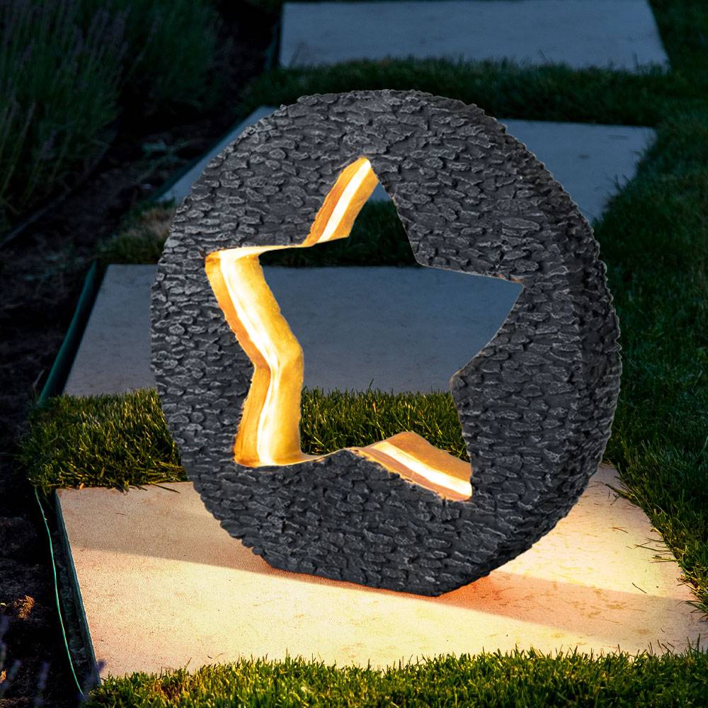 Solarleuchte Gartendeko für Außen Tischdeko Solarleuchte goldfarben Stein-Stern Optik, grau rund, LED warmweiß, LxH 31x29,5 cm