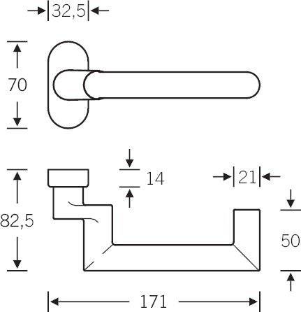 Diagramm einer Türklinke mit Maßangaben. Klinkel­länge: 171 mm, Höhe: 82,5 mm, Durchmesser der kreisförmigen Basis: 32,5 mm, Höhe der vertikalen Platte: 70 mm.