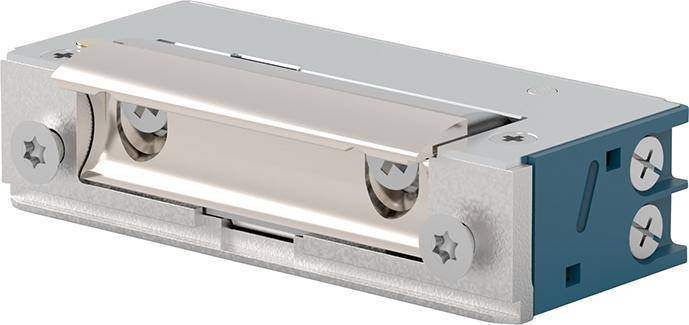 Metallische Industriehardware-Komponente mit rechteckiger Öffnung, sichtbaren Rollen im Inneren und blauer Endkappe mit kreisförmigen Befestigungselementen.