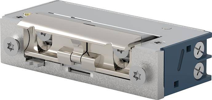 Metallische mechanische Verriegelungsanordnung in einem rechteckigen Gehäuse, in Schnittdarstellung gezeigt, um interne Federn und bewegliche Verriegelungsteile sichtbar zu machen.