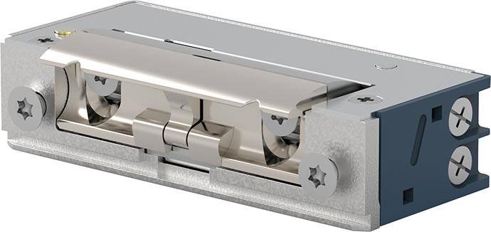 Nahaufnahme einer metallischen mechanischen Komponente mit freiliegenden internen Rollen und einer blauen Endkappe, dargestellt auf weißem Hintergrund.