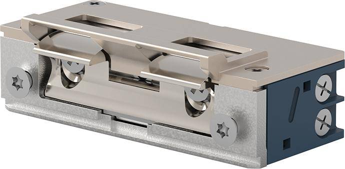 Nahaufnahme eines Metallturrigelsmechanismus in einem Gehäuse, perspektivisch auf weißem Hintergrund dargestellt.