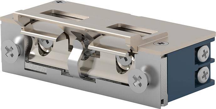 Nahaufnahme einer metallischen mechanischen Verschlussvorrichtung mit zwei sichtbaren Schrauben und federbelasteten Innenteilen auf weißem Hintergrund.
