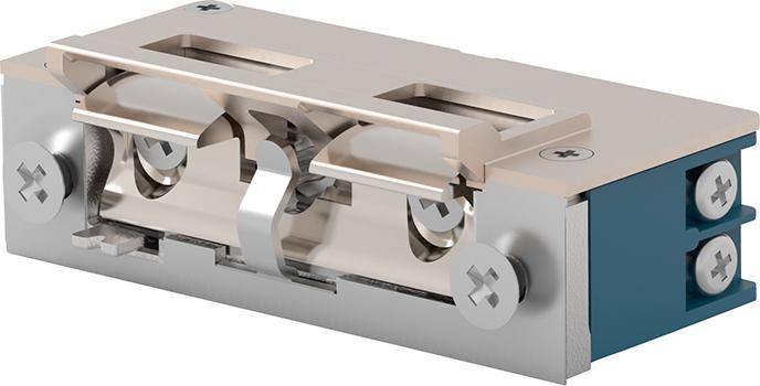3D-Rendering eines rechteckigen Metall-Mechanismus mit Verschluss oder Verbindungsgehäuse, das innere Federn und Verriegelungsteile in einem silbernen Gehäuse mit einer blauen Endkappe zeigt.