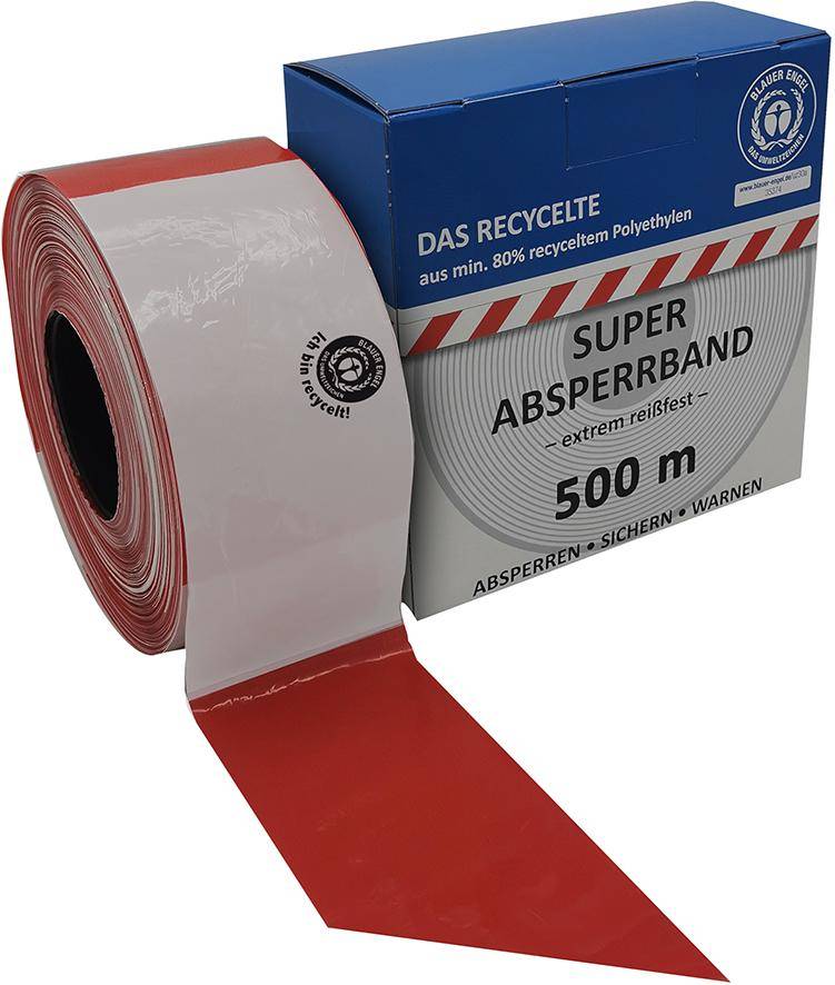 Absperrband 100 m-Rolle rot/weiß geblockt aus mind. 80% Regranulat Blauer Engel zertifiziert